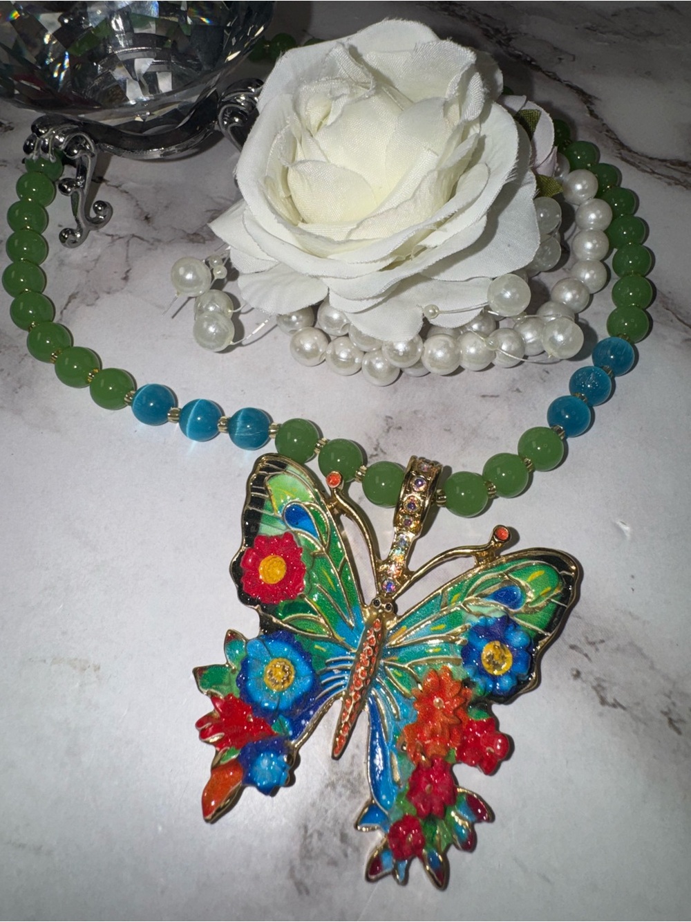 Hand-Painted Multicolor Butterfly Pendant Necklace - Green Bead Strand